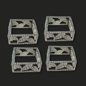 Vintage Seagull Pewter‎ Christmas Holly Leaf Napkin Rings Set 4 Square Silver